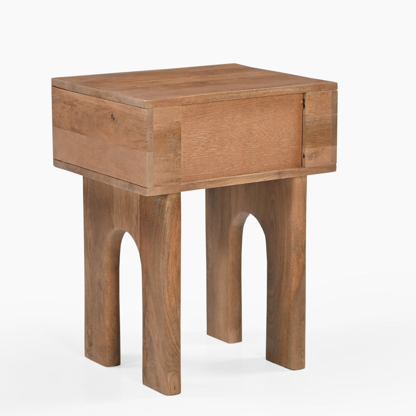 Wooden Bedside Table with Geometric Sage Green Drawer & Arched Legs