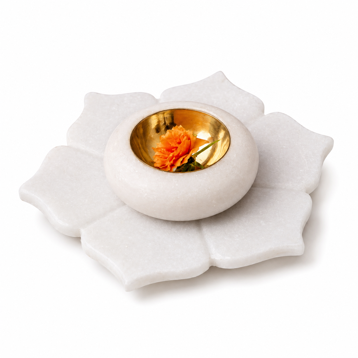 White Marble Lotus Diya Holder with Golden-Finish Bowl