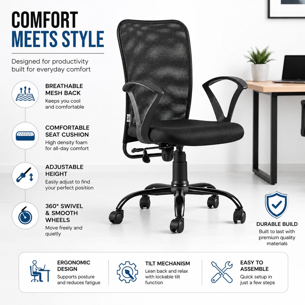 Swivel Executive Task Chair for Home & Office | Black
