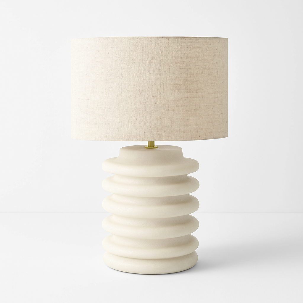 Textured White Ribbed Ceramic Table Lamp with Fabric Shade