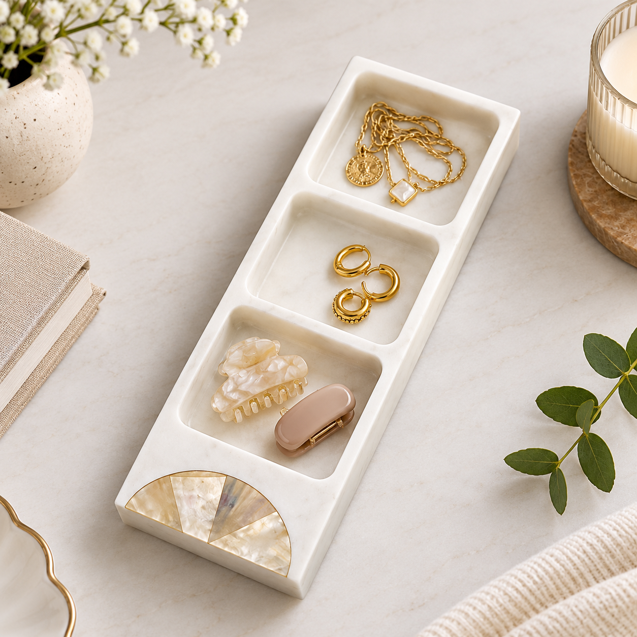 White Marble 3-Compartment Organizer Tray