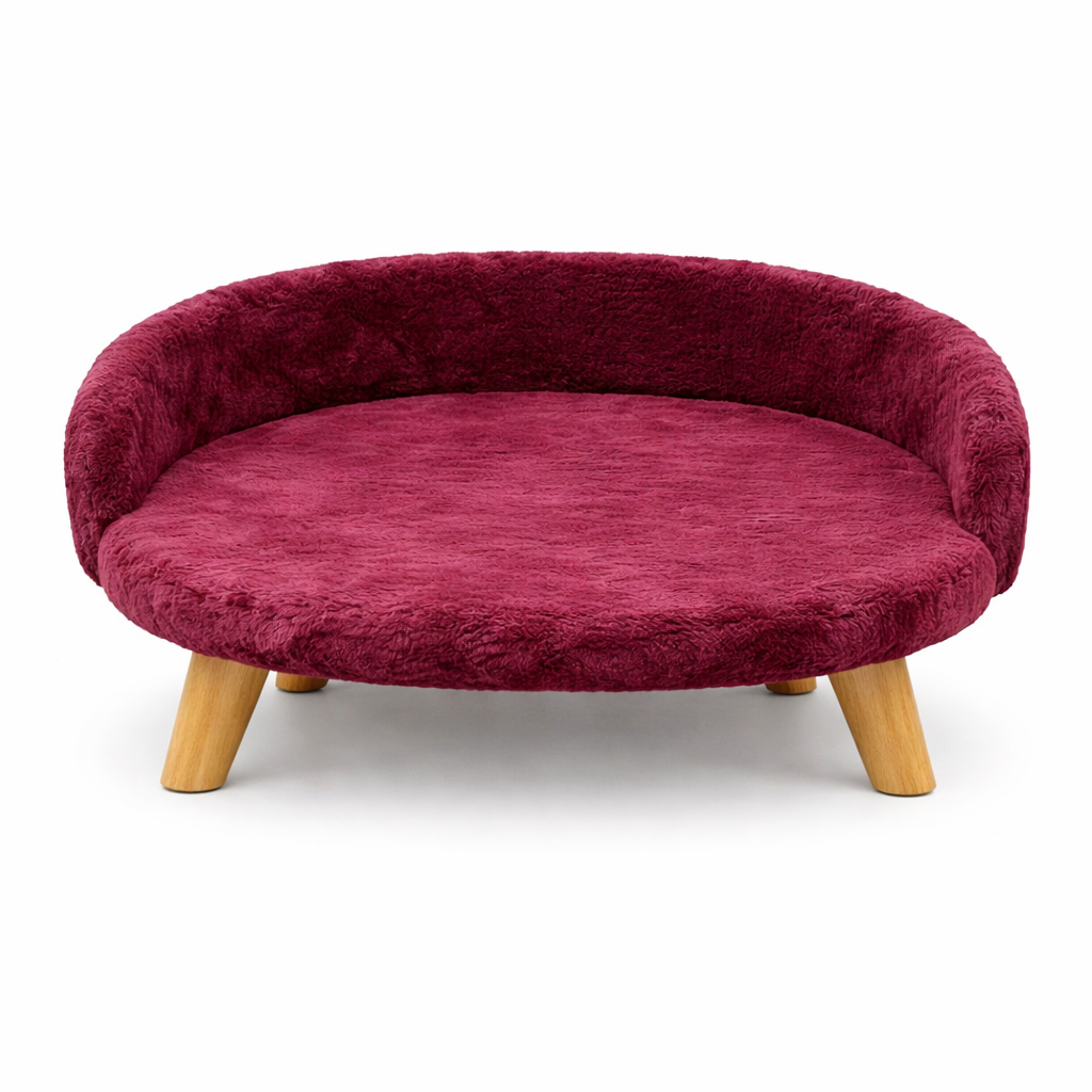 Luxe Plush Pet Bed with Wooden Legs – Wine Burgundy (Sofa-Style)