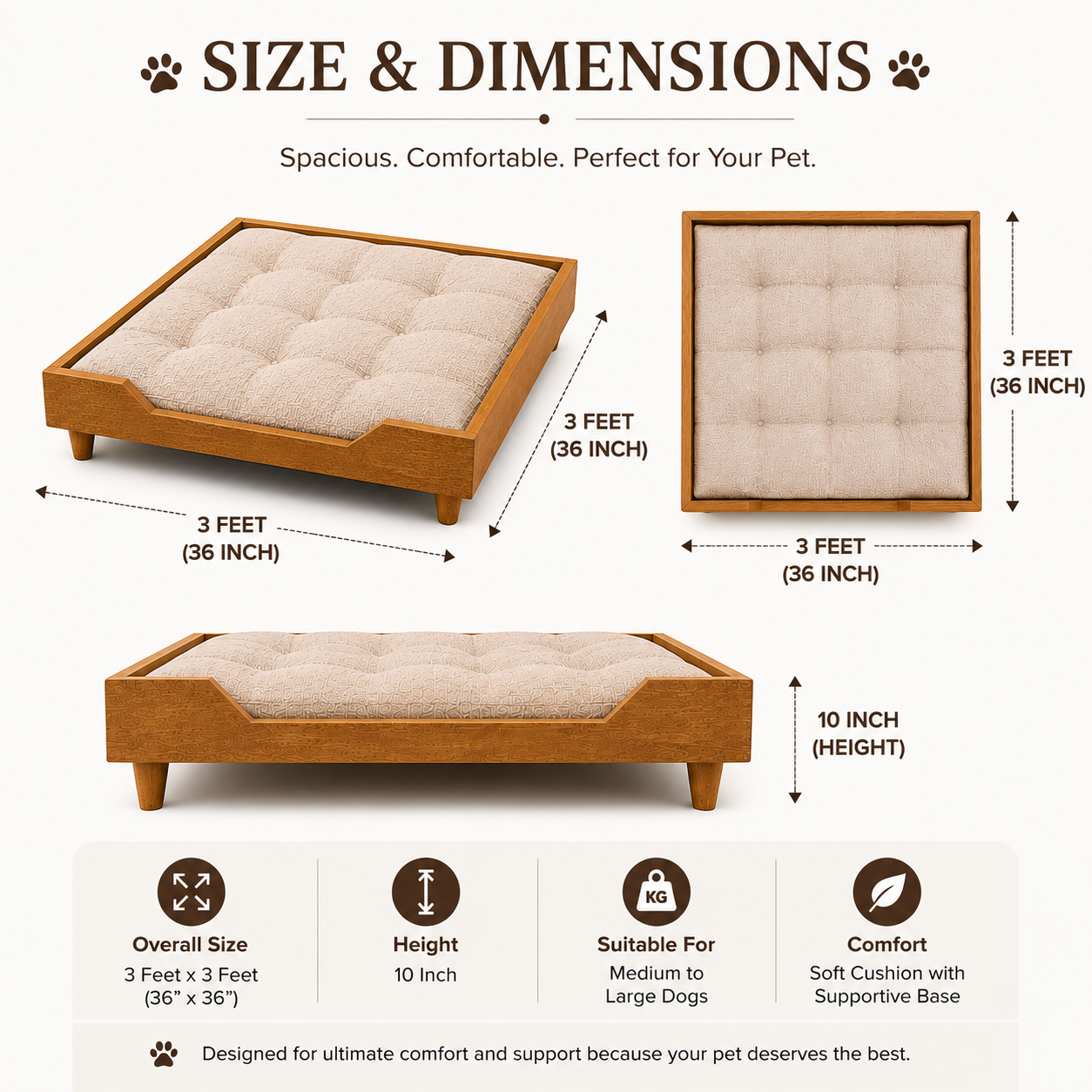Premium Wooden Orthopedic Pet Bed with Cushion