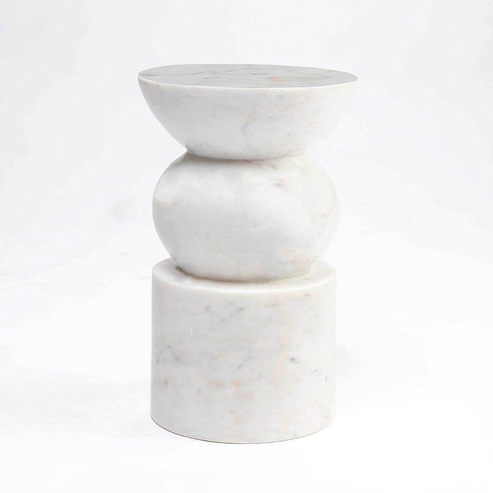 White Purple Marble Sculptural Accent Stool / Side Table – Handcrafted Natural Stone