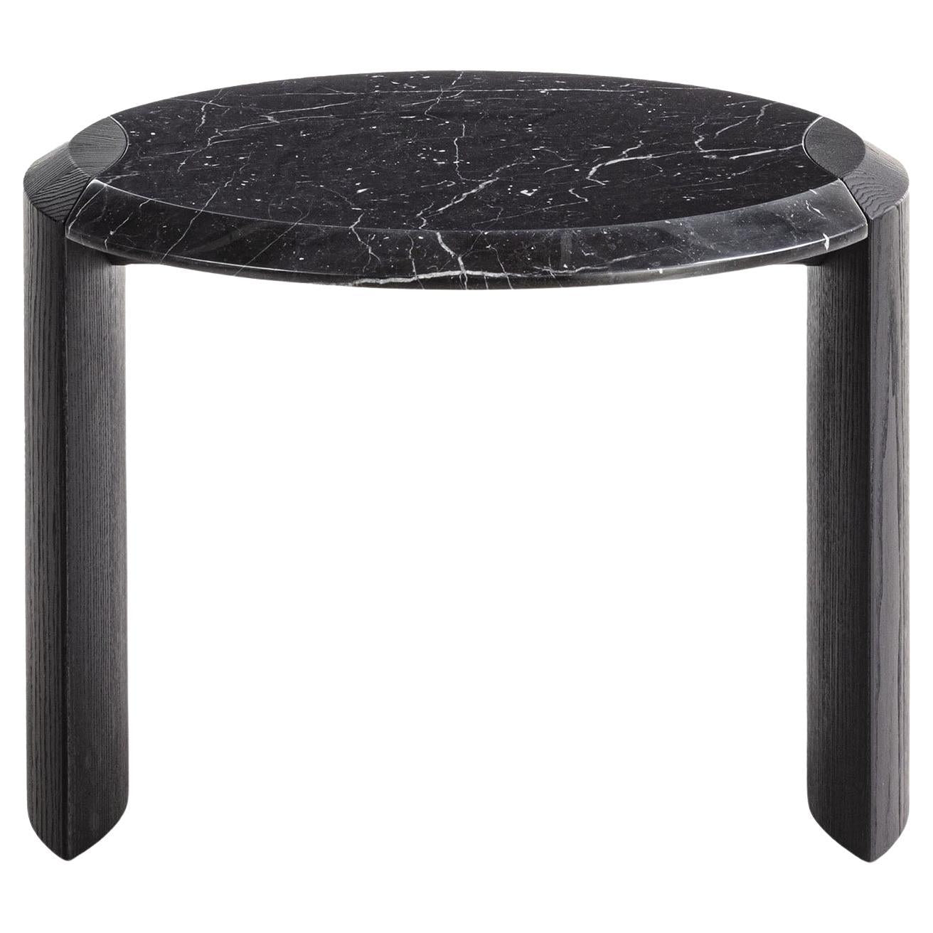 Black Marble Top Side Table with Sculpted Wooden Base
