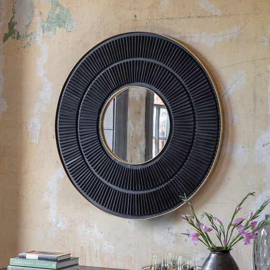 Round Black Accent Wall Mirror with Textured Frame