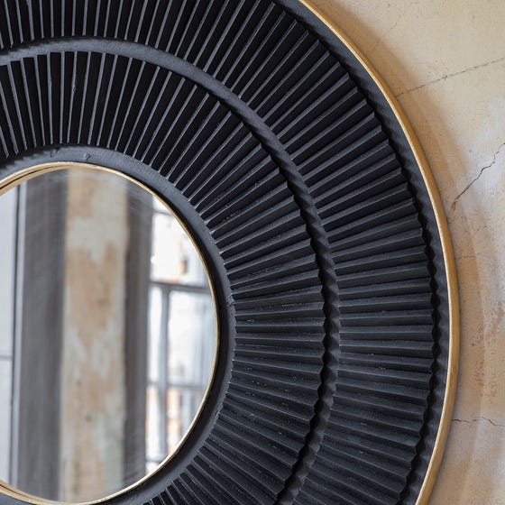 Round Black Accent Wall Mirror with Textured Frame