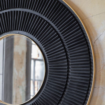 Round Black Accent Wall Mirror with Textured Frame