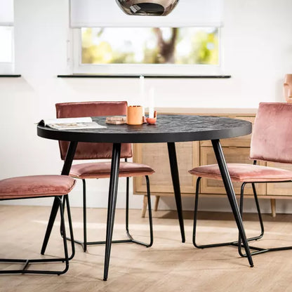 Round Black Wooden Dining Table with Textured Top