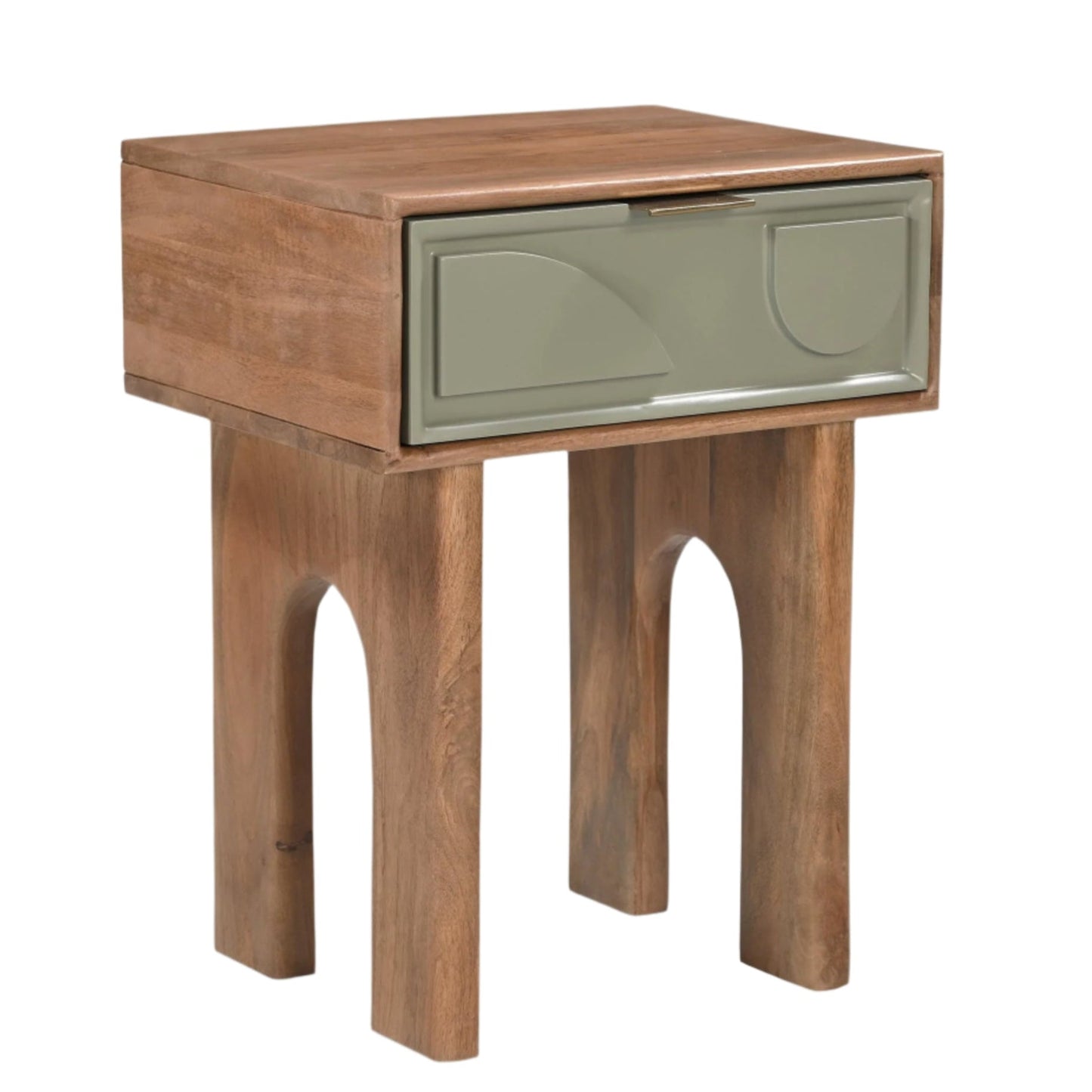 Wooden Bedside Table with Geometric Sage Green Drawer & Arched Legs