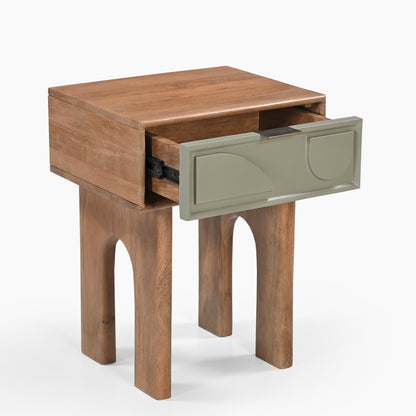 Wooden Bedside Table with Geometric Sage Green Drawer & Arched Legs