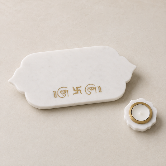Elegant Marble Pooja Tray With Candle