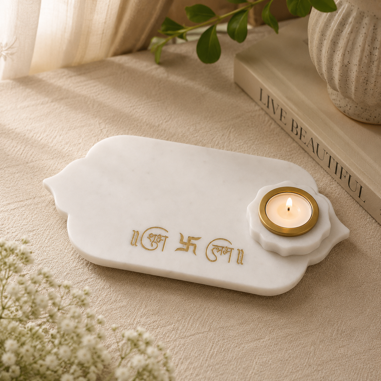 Elegant Marble Pooja Tray With Candle