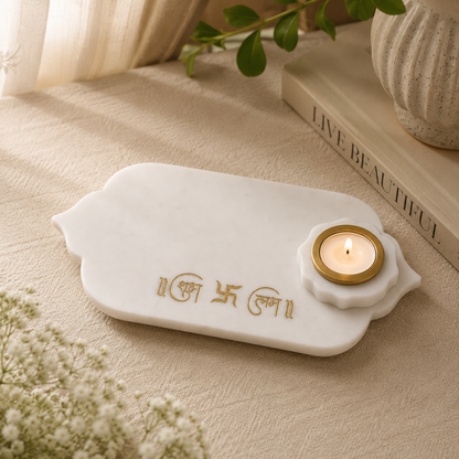 Elegant Marble Pooja Tray With Candle