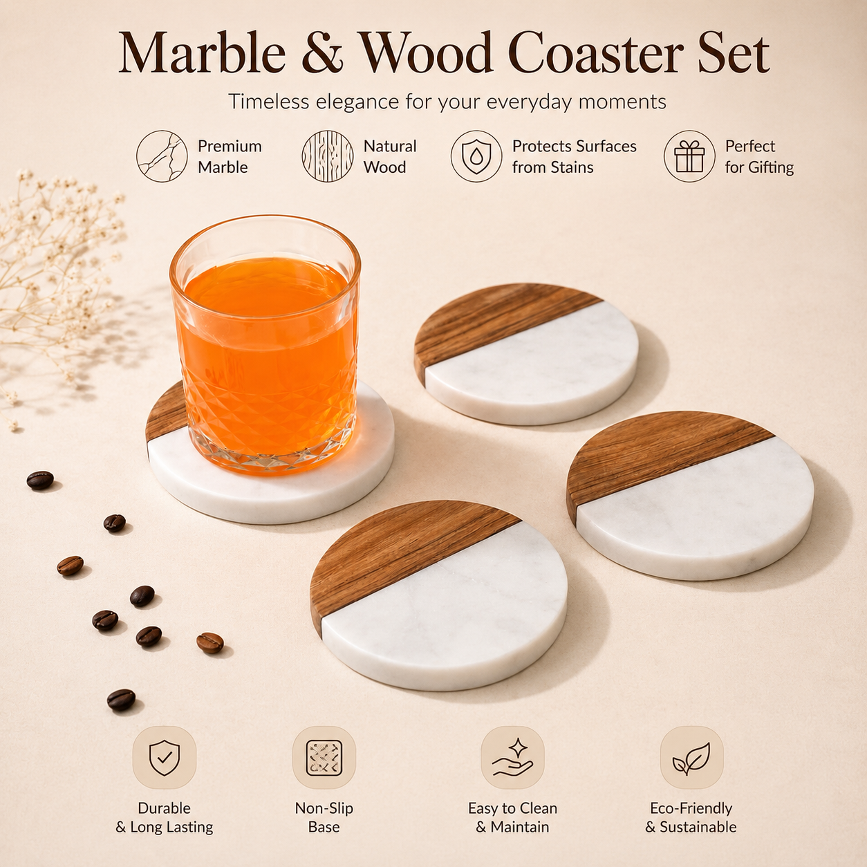 Marble & Wood Coaster Set