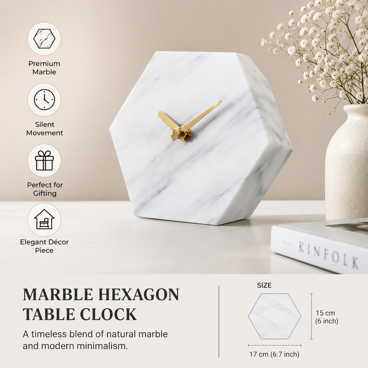 Marble Hexagon Table Clock