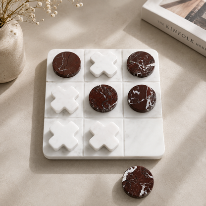 White & Brown Marble Tic-Tac-Toe Game Set
