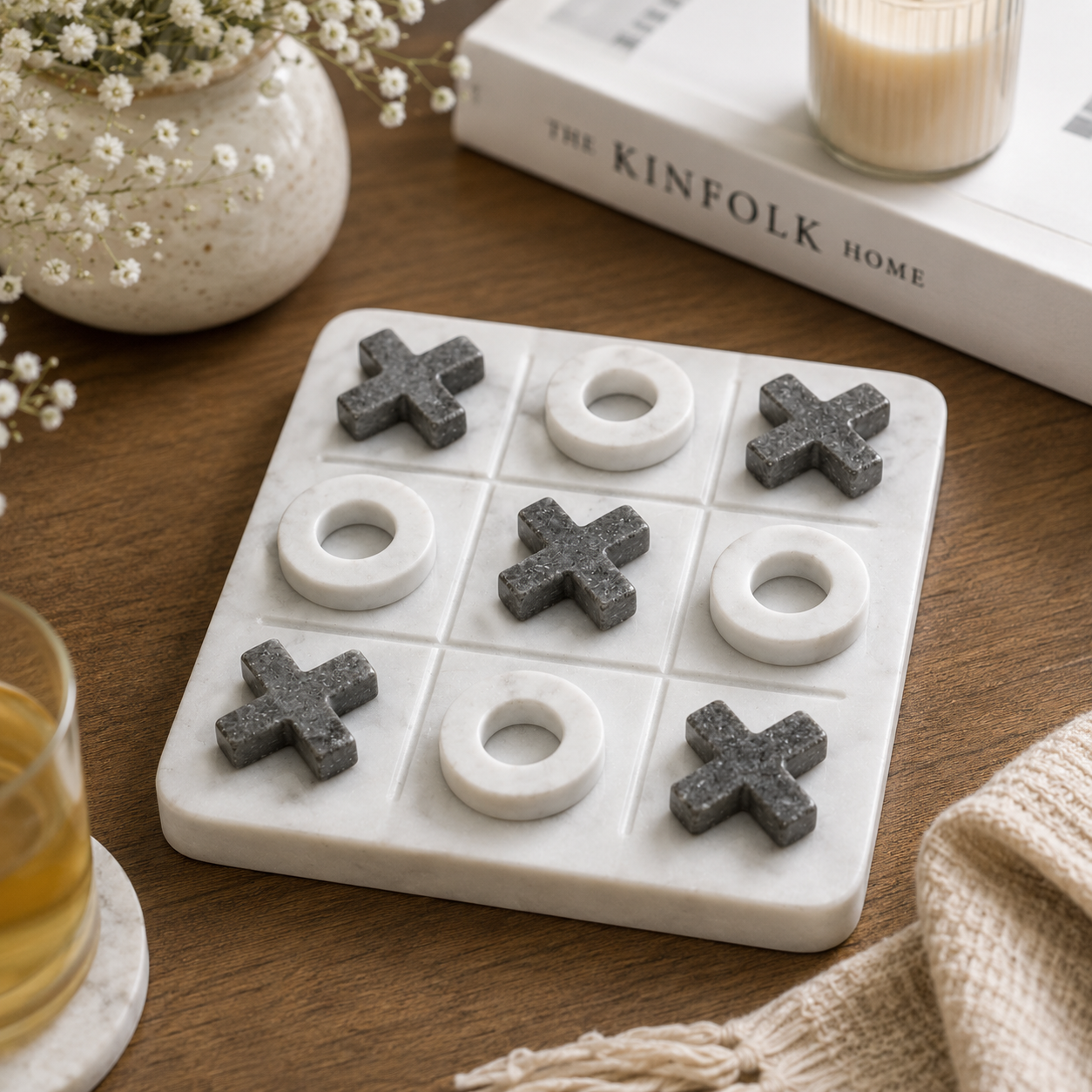 White Marble Tic-Tac-Toe Game Set