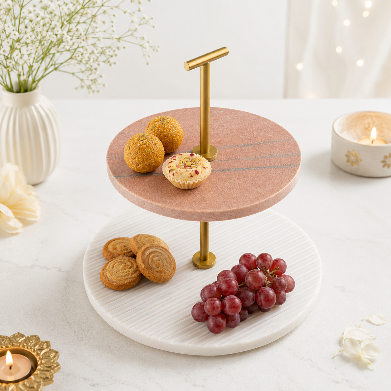 Two-Tier Marble Serving Stand with Gold Handle | Elegant Dessert & Snack Display