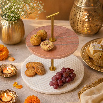 Two-Tier Marble Serving Stand with Gold Handle | Elegant Dessert & Snack Display