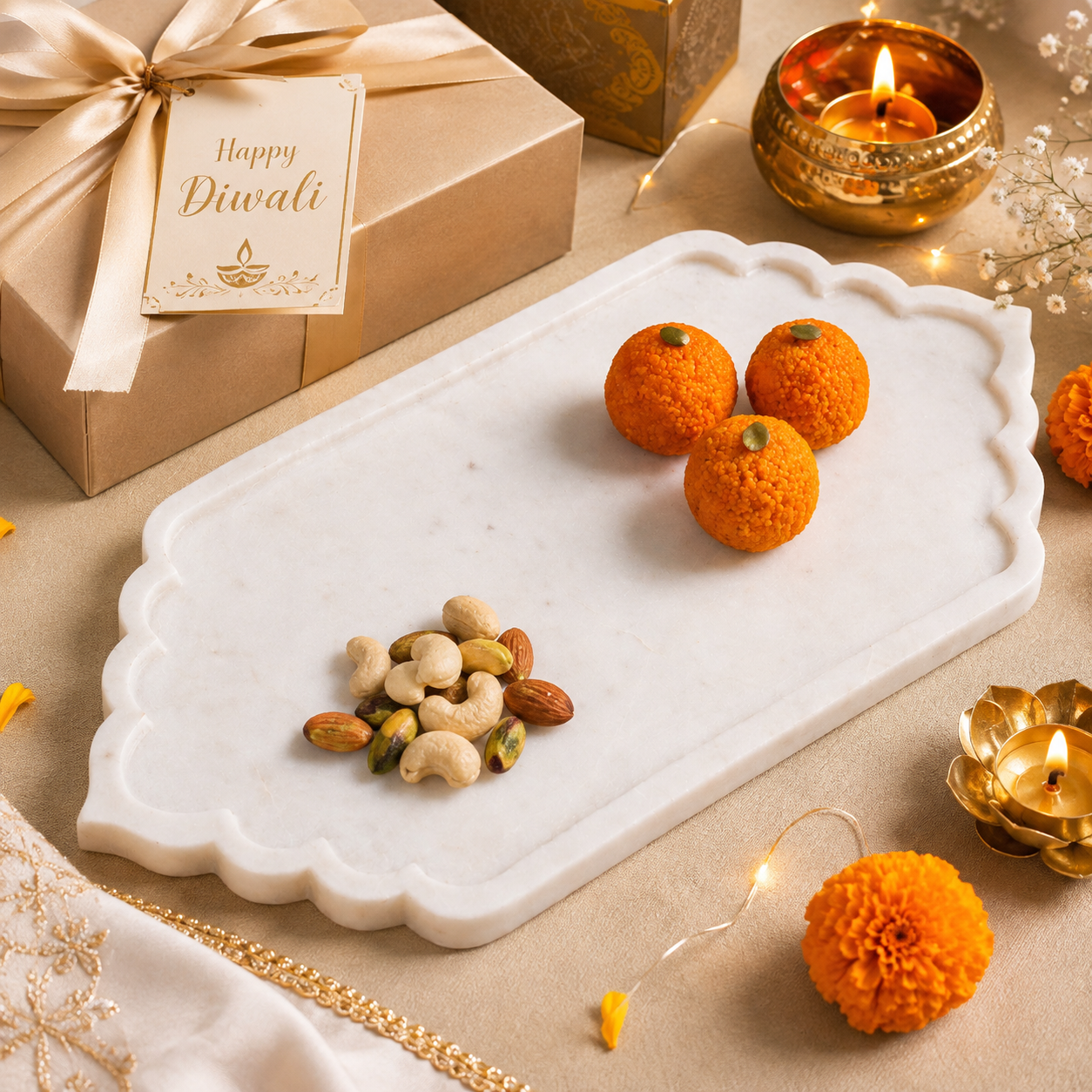 White Marble Festive Serving Platter | Elegant Dry Fruit, Sweet & Pooja Tray