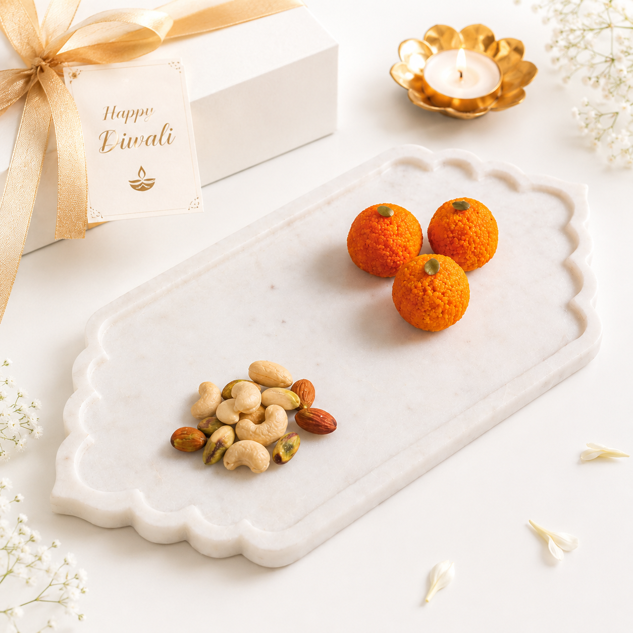 White Marble Festive Serving Platter | Elegant Dry Fruit, Sweet & Pooja Tray