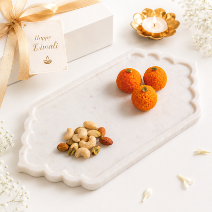 White Marble Festive Serving Platter | Elegant Dry Fruit, Sweet & Pooja Tray