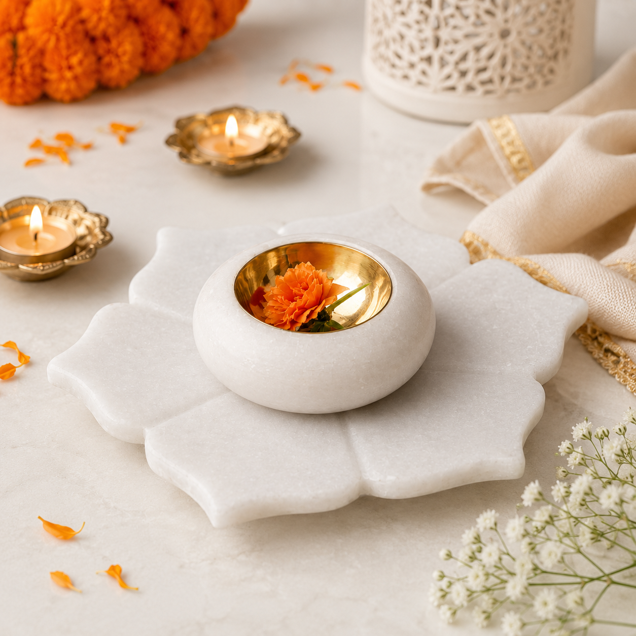 White Marble Lotus Diya Holder with Golden-Finish Bowl