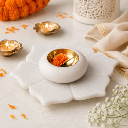 White Marble Lotus Diya Holder with Golden-Finish Bowl