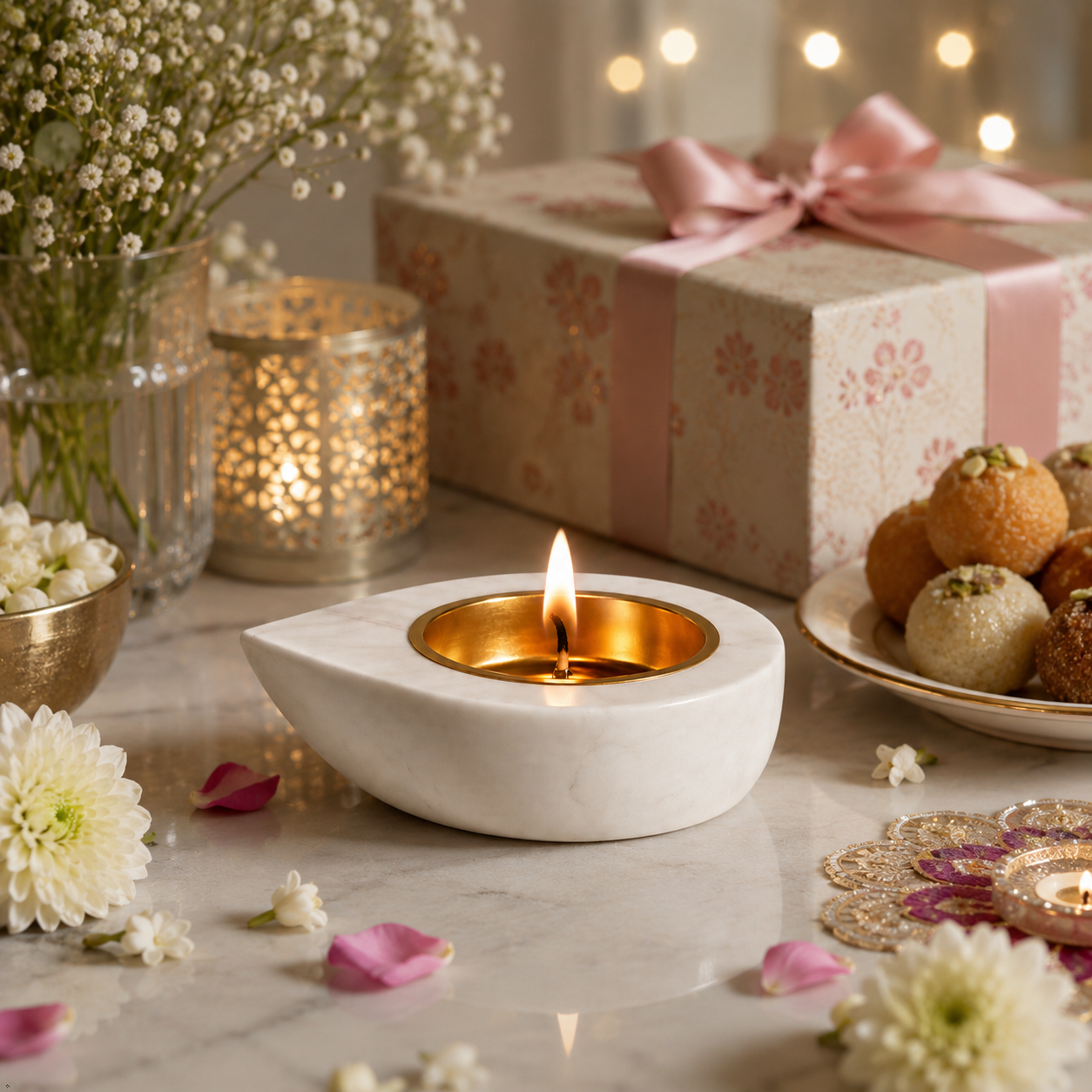 White Marble Diya Holder with Golden-Finish Bowl