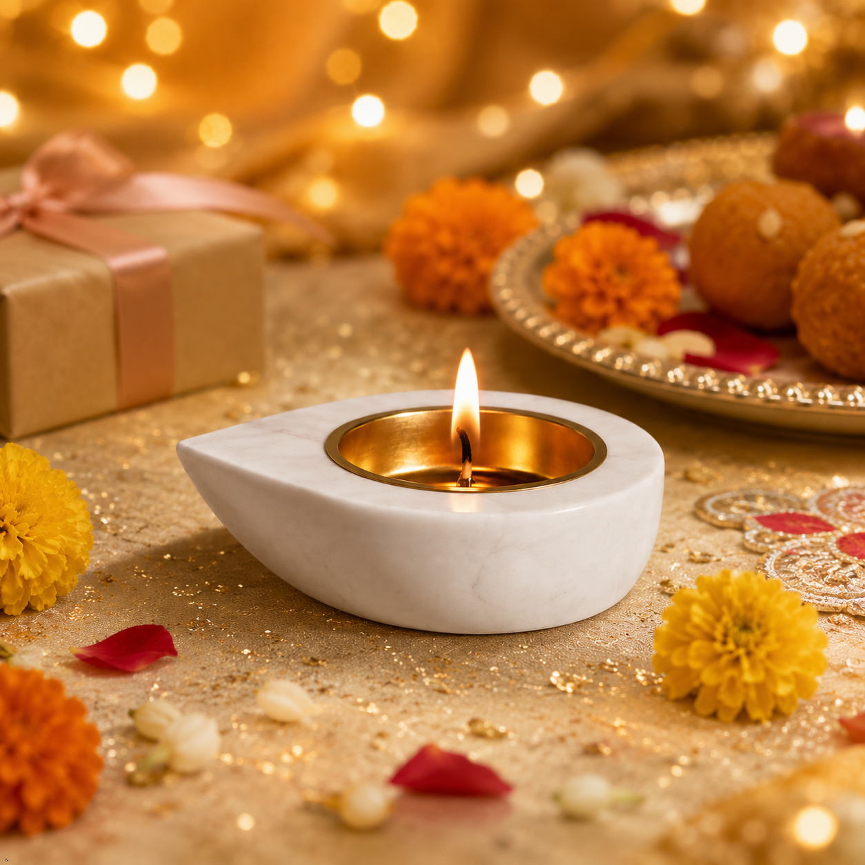 White Marble Diya Holder with Golden-Finish Bowl