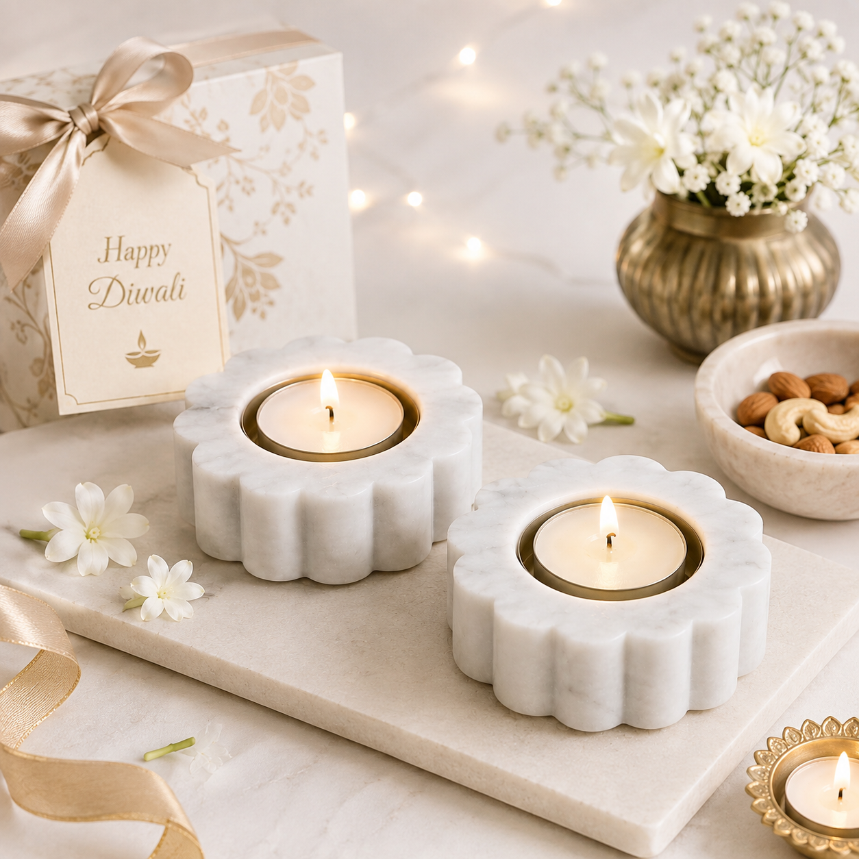 White Marble Flower Diya Holder Set – Set of 2