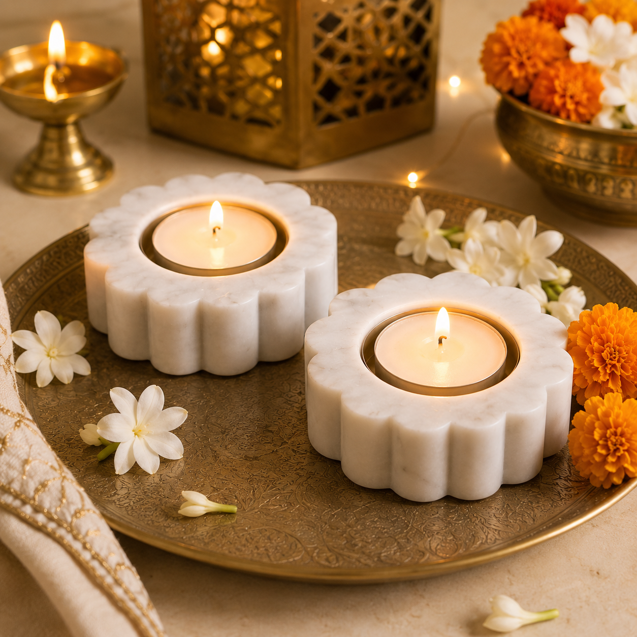 White Marble Flower Diya Holder Set – Set of 2
