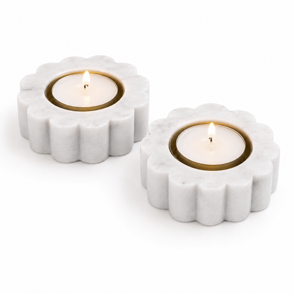 White Marble Flower Diya Holder Set – Set of 2