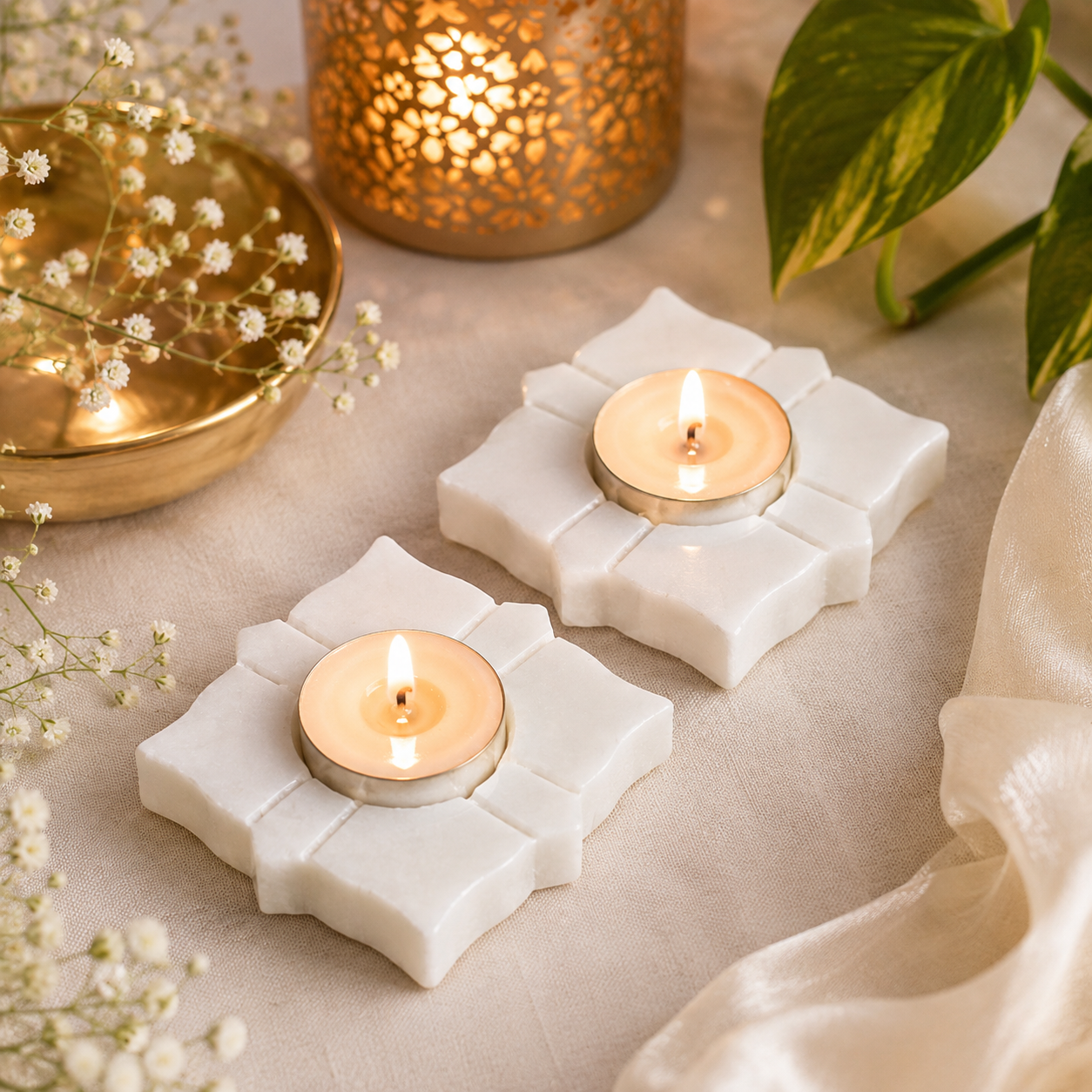 White Marble Lotus Flower Diya Holder Set – Set of 2
