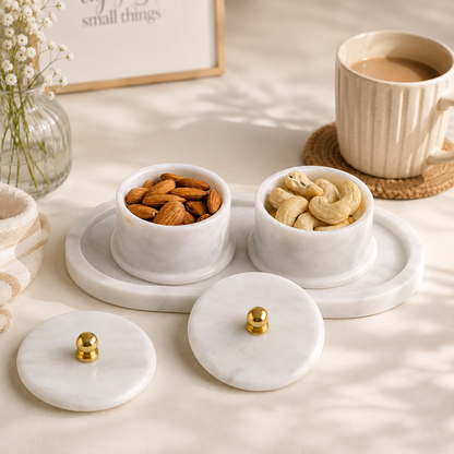 White Marble Dry Fruit Bowl Set with Serving Tray