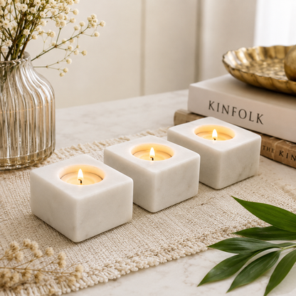 White Marble Square Diya Holder Set of 3