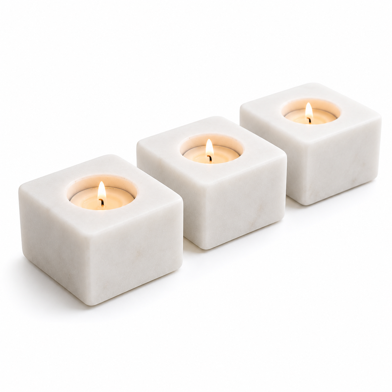 White Marble Square Diya Holder Set of 3