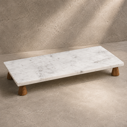 White Marble Riser Tray with Wooden Legs