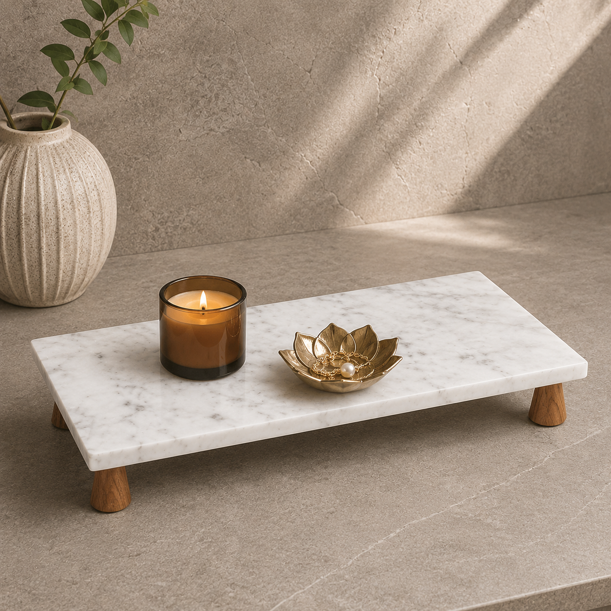 White Marble Riser Tray with Wooden Legs