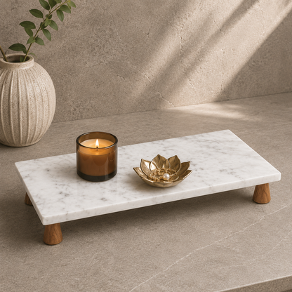 White Marble Riser Tray with Wooden Legs
