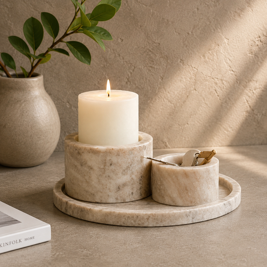 Beige Marble Candle Holder Set with Round Tray