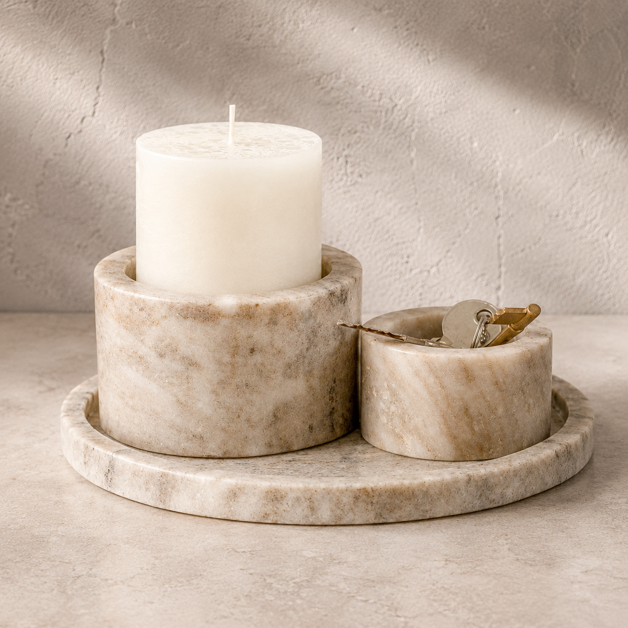 Beige Marble Candle Holder Set with Round Tray