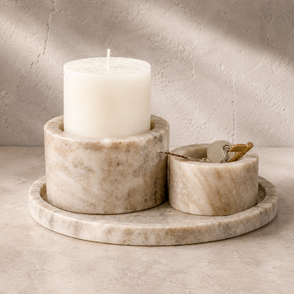 Beige Marble Candle Holder Set with Round Tray