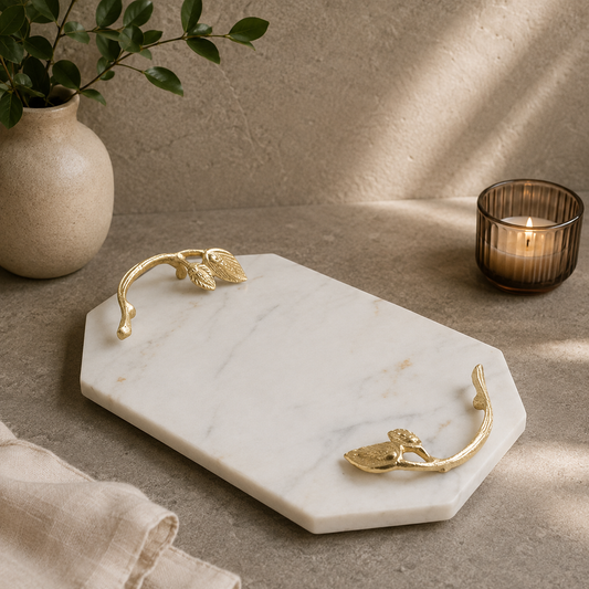 White Marble Serving Tray with Gold Leaf Handles