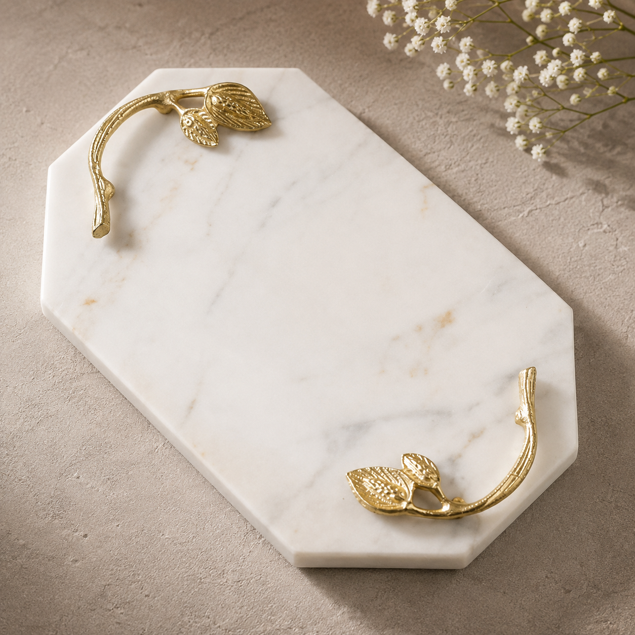 White Marble Serving Tray with Gold Leaf Handles