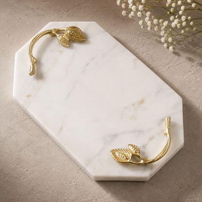 White Marble Serving Tray with Gold Leaf Handles