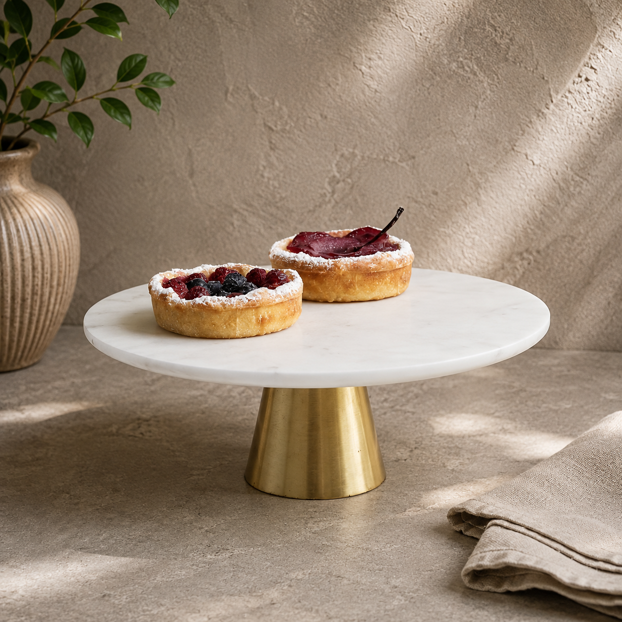 White Marble Cake Stand with Gold Metal Base – Elegant Dessert & Serving Platter