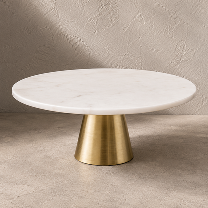 White Marble Cake Stand with Gold Metal Base – Elegant Dessert & Serving Platter