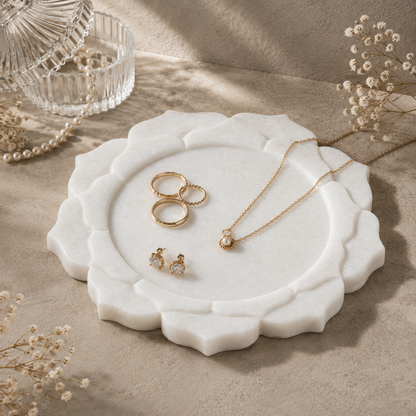White Marble Jewellery Tray – Sculpted Floral Design for Elegant Jewellery & Vanity Décor